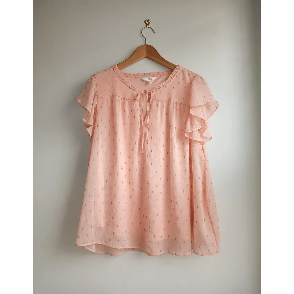 LC Lauren Conrad Pink Ruffle Flutter Sleeve Blouse L Romantic Babydoll Top - Picture 1 of 5